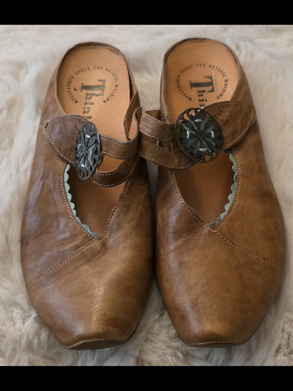 Think! Vintage Tan Leather Mary Jane Clogs with Decorative Button